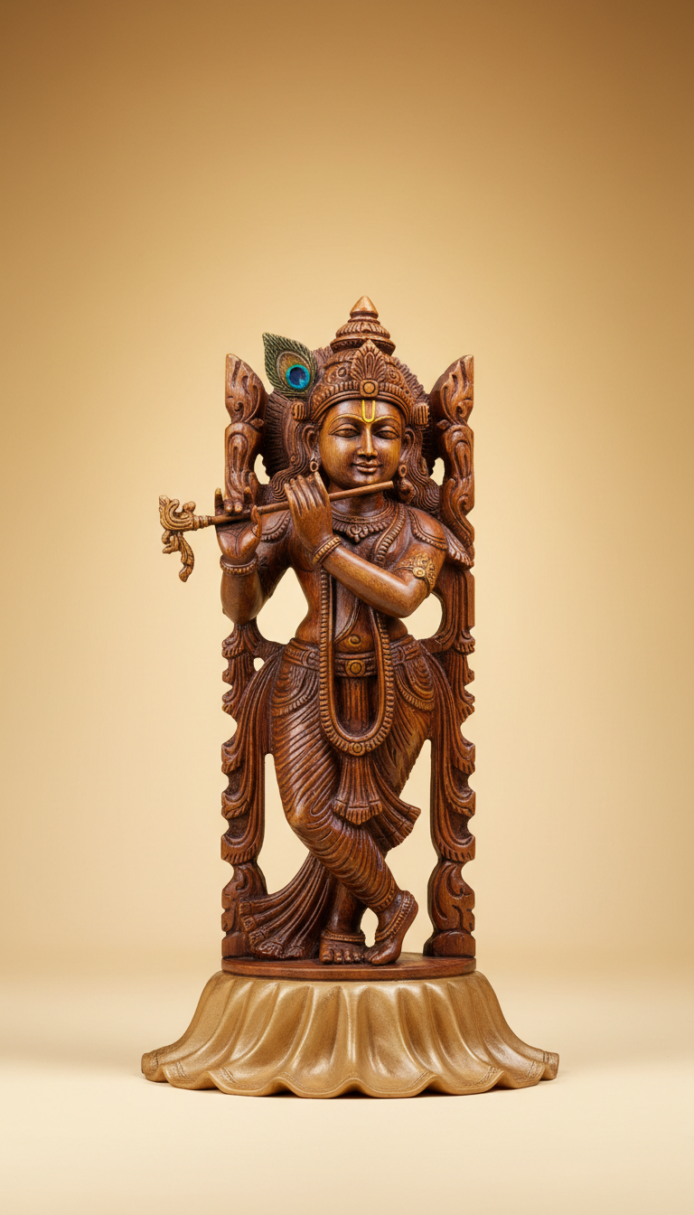 Hand-Carved Krishna Idol In Neem Wood